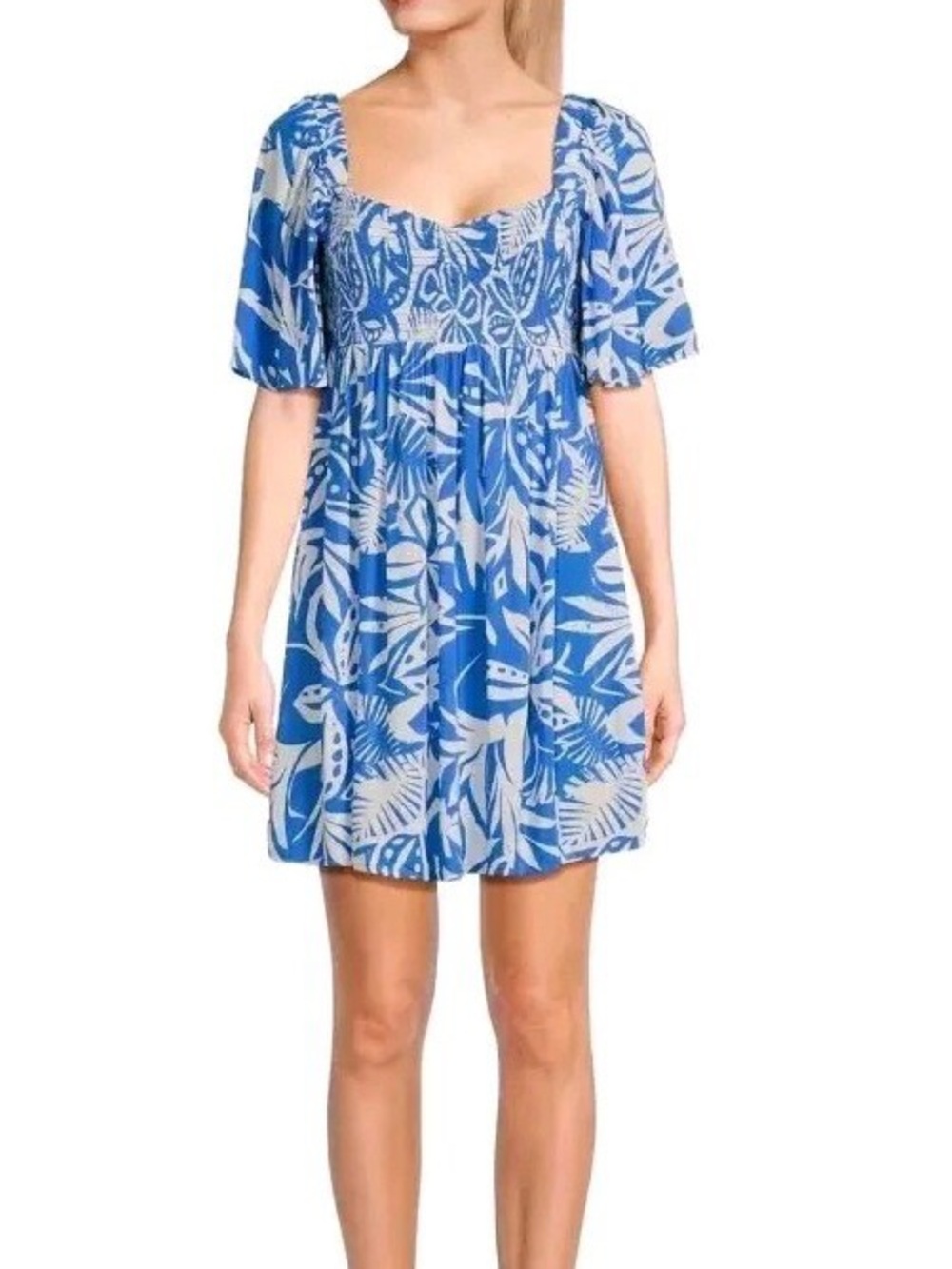Roxy Blue and White Floral Square-Neck Mini Dress